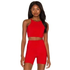 Beach Riot Anna Sports Bra Ribbed Racerback Crop Top & Biking Shorts Set, Red